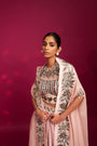 Peachy pink embellished ajrakh blouse with embroidered cape and dhoti