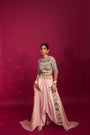 Peachy pink embellished ajrakh blouse with embroidered cape and dhoti