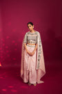 Peachy pink embellished ajrakh blouse with embroidered cape and dhoti