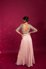 Peachy pink embellished ajrakh blouse with embroidered cape and dhoti