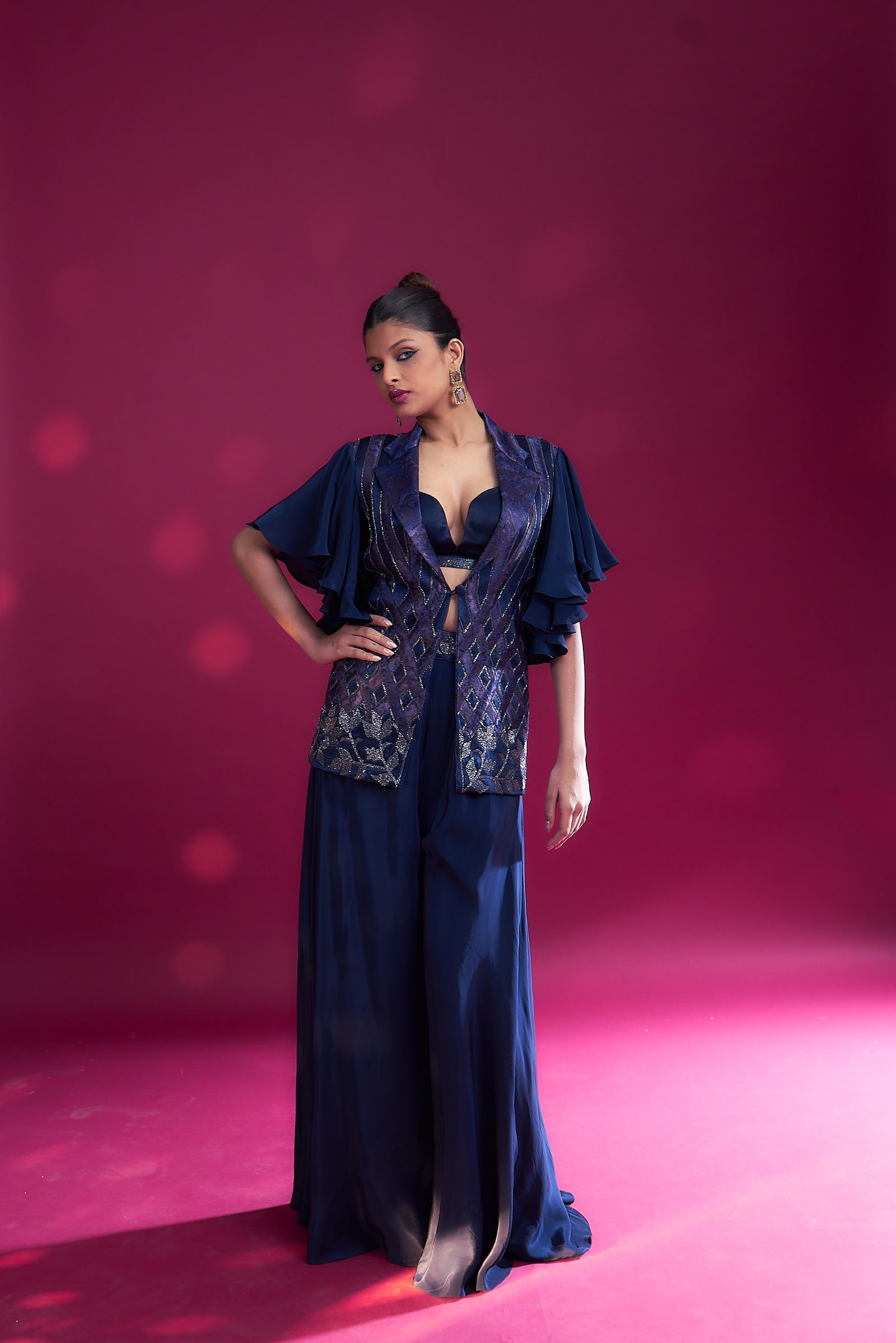 Deep blue ajrakh embellished jacket with embellished brallete and flare pants