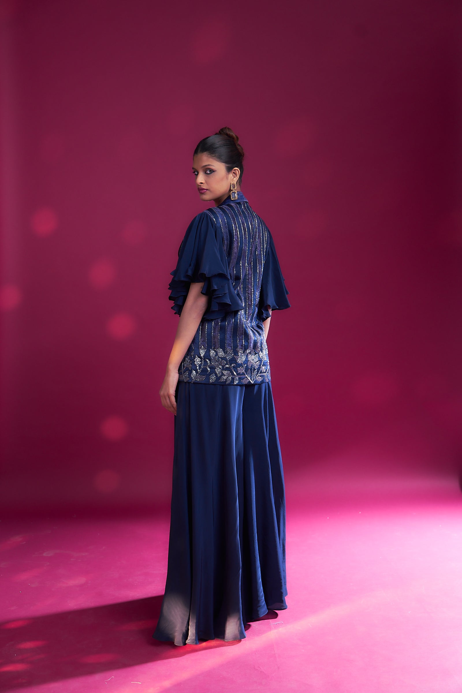 Deep blue ajrakh embellished jacket with embellished brallete and flare pants