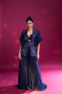 Deep blue ajrakh embellished jacket with embellished brallete and flare pants