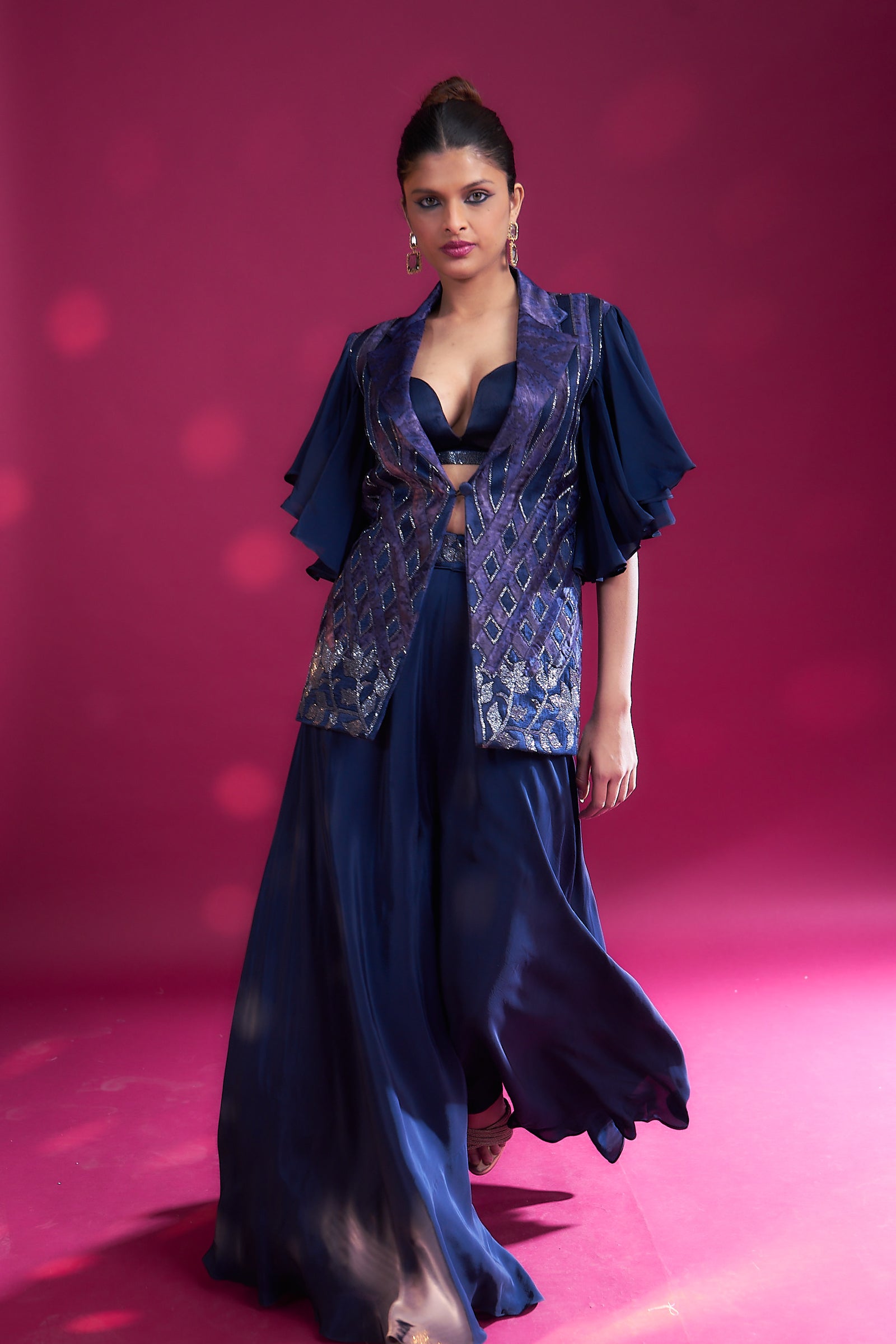 Deep blue ajrakh embellished jacket with embellished brallete and flare pants