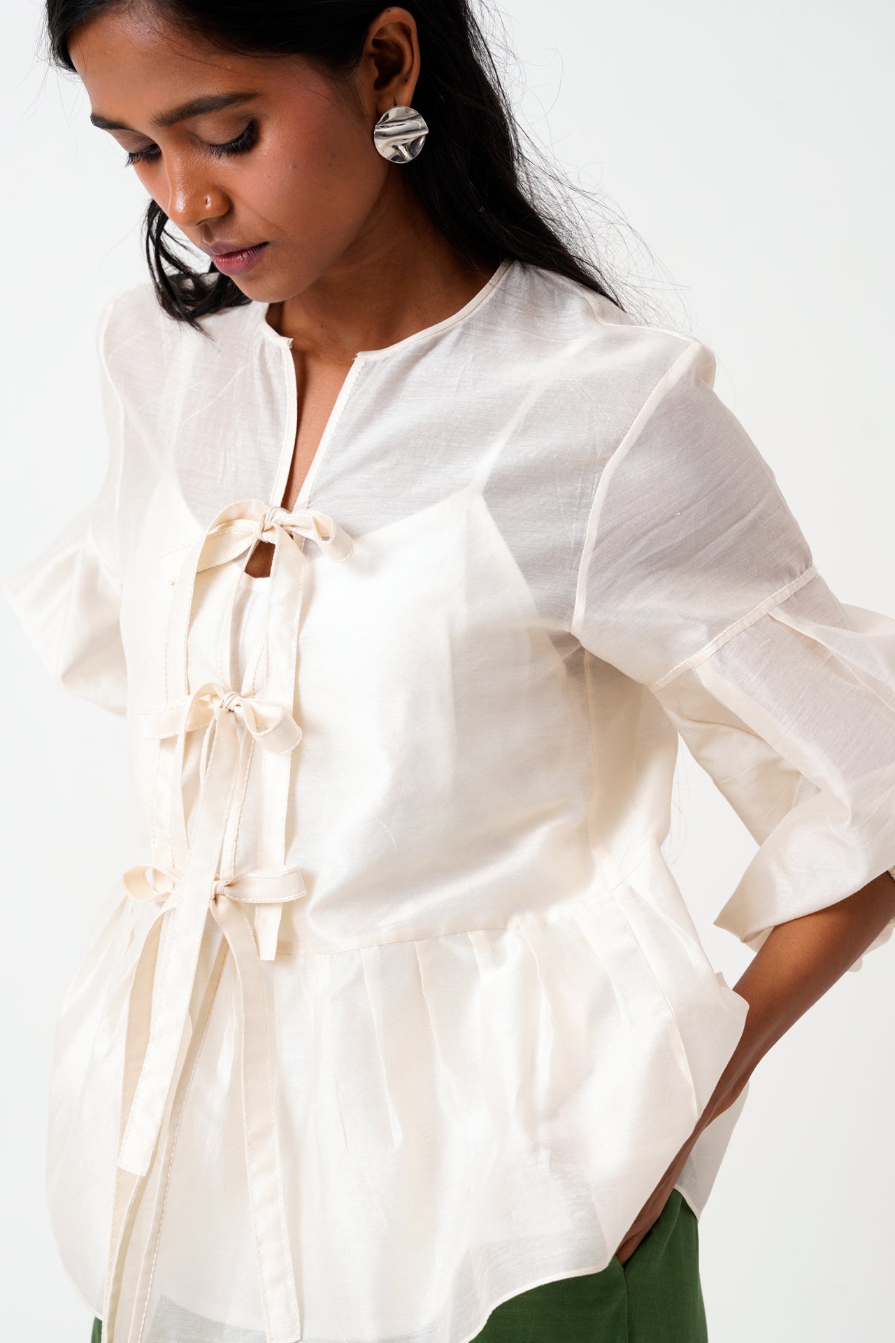 Ivory Toni Set - Multi Knot Peplum Top with Slip + Pine Green