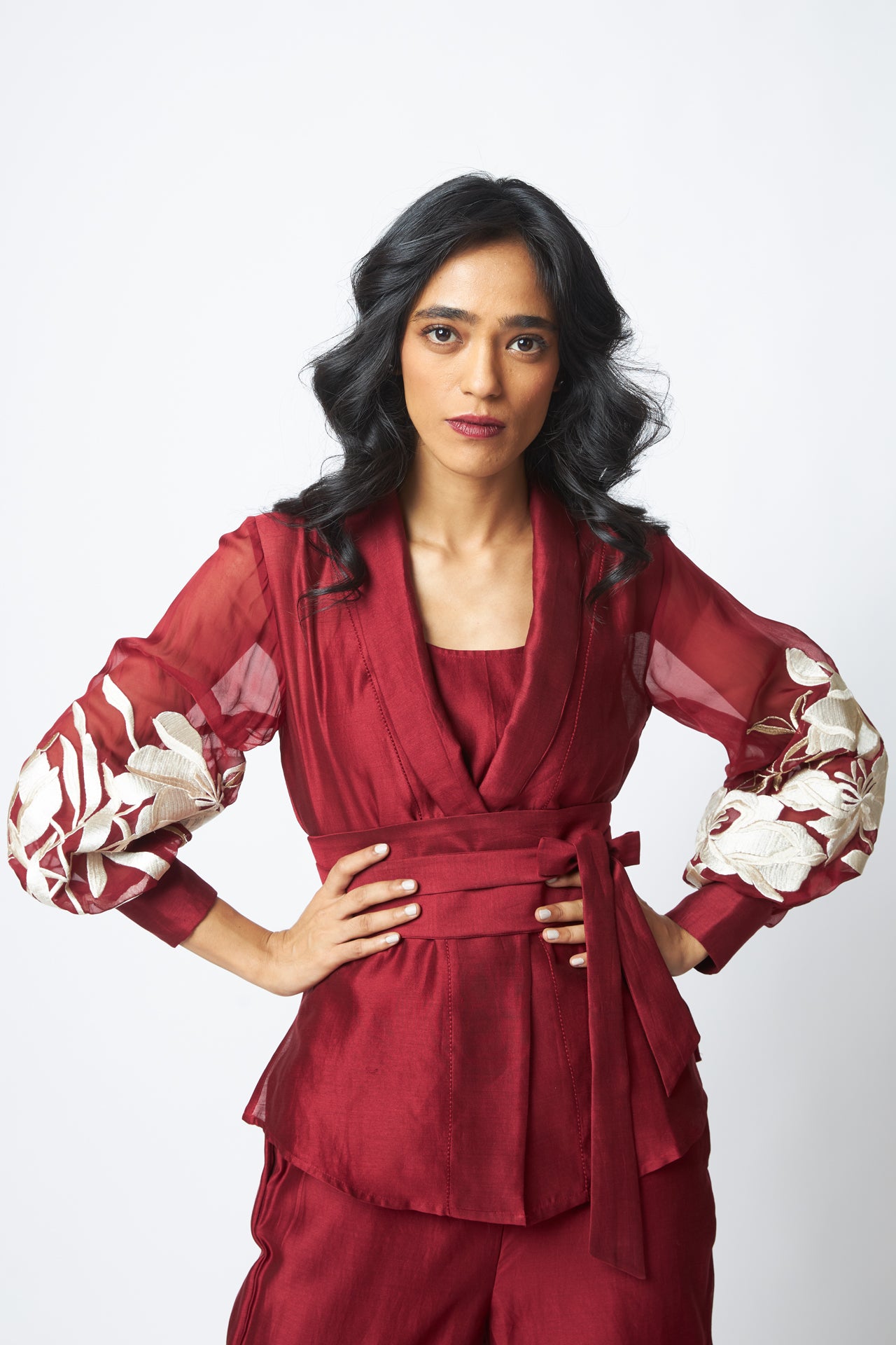 Burgandy Reva - Blazer Wrap Top & Wide-Leg Pant