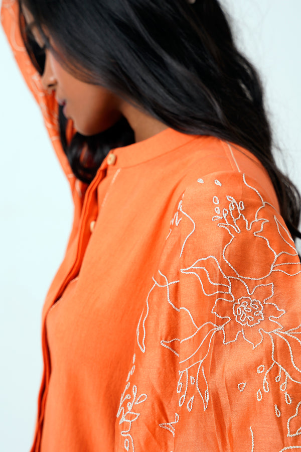 Sunset Orange Oba Set - Embroidered Sleeve Top + Pants