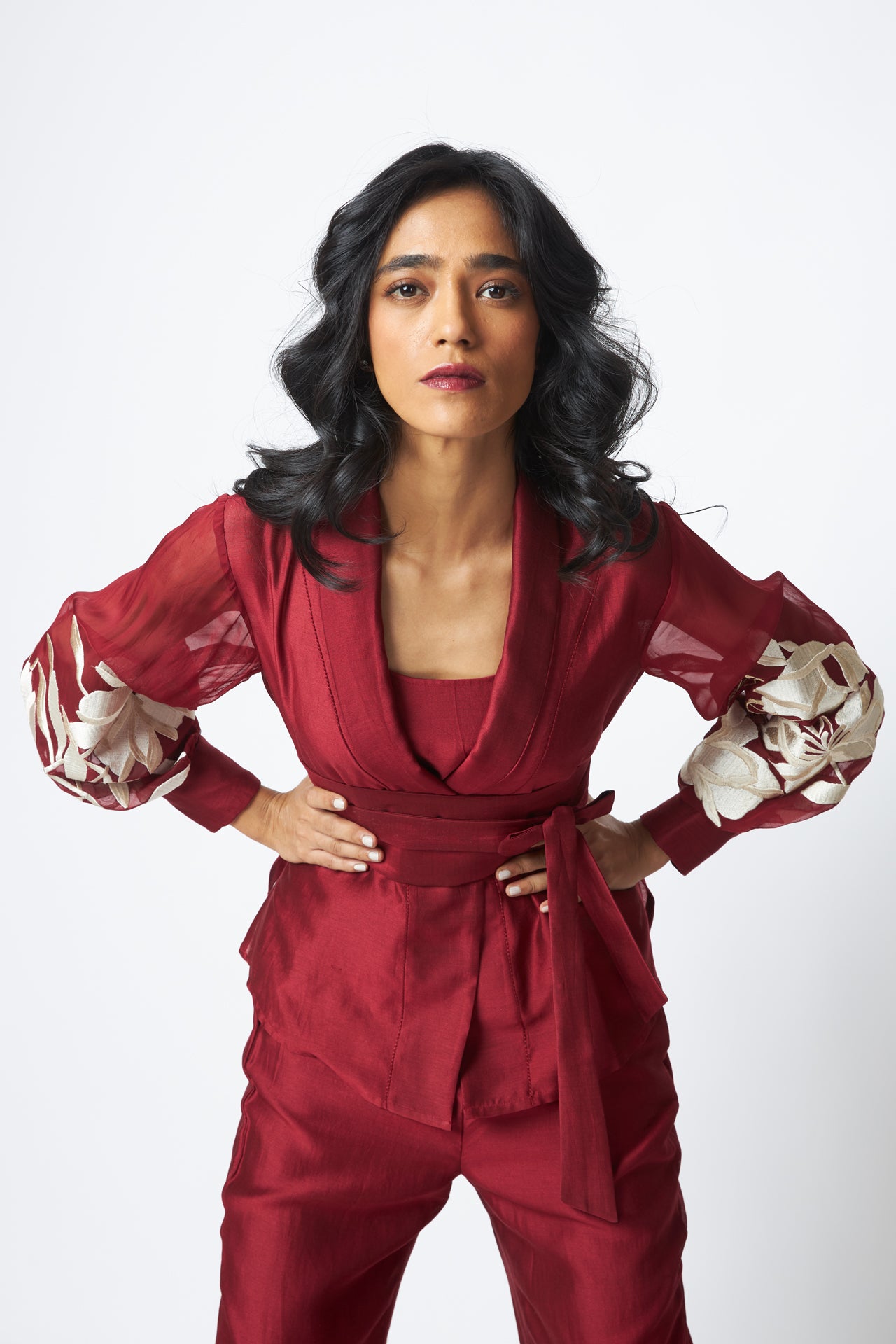 Burgandy Reva - Blazer Wrap Top & Wide-Leg Pant