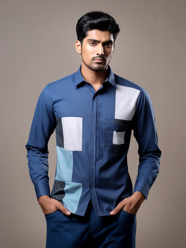 Colourblocked Spread Collar Cotton Casual Shirt