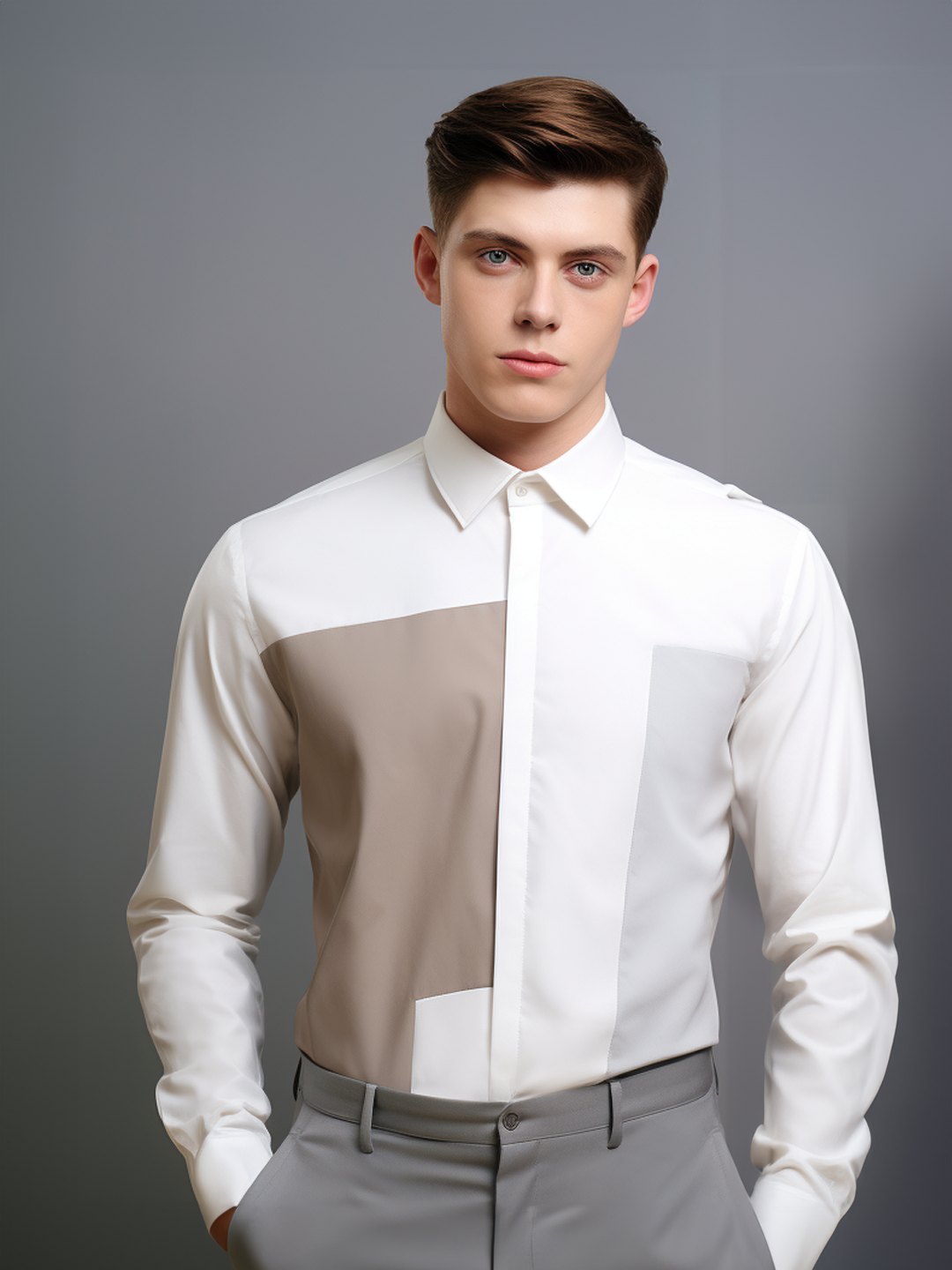 Colourblocked Spread Collar Cotton Semi-Formal Shirt