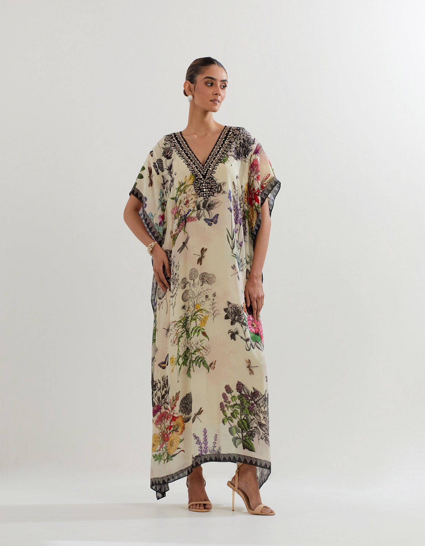 Botanical printed georgette kaftan with exquisite embroidered detail