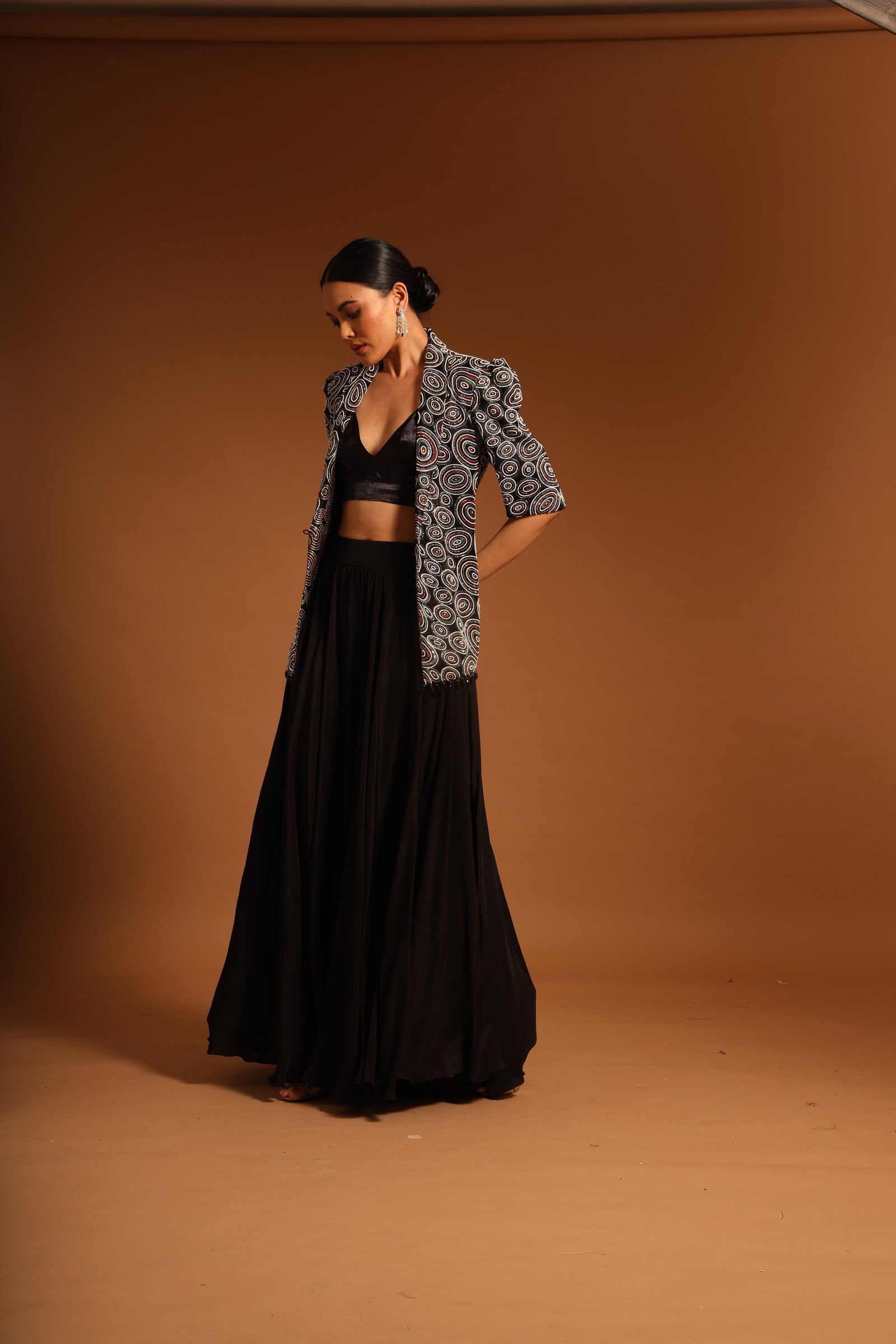 Sargas  ajrakh jacket and flare pants