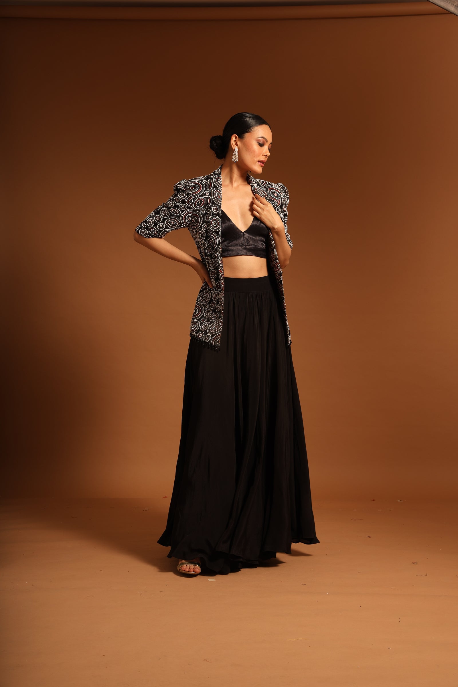 Sargas  ajrakh jacket and flare pants