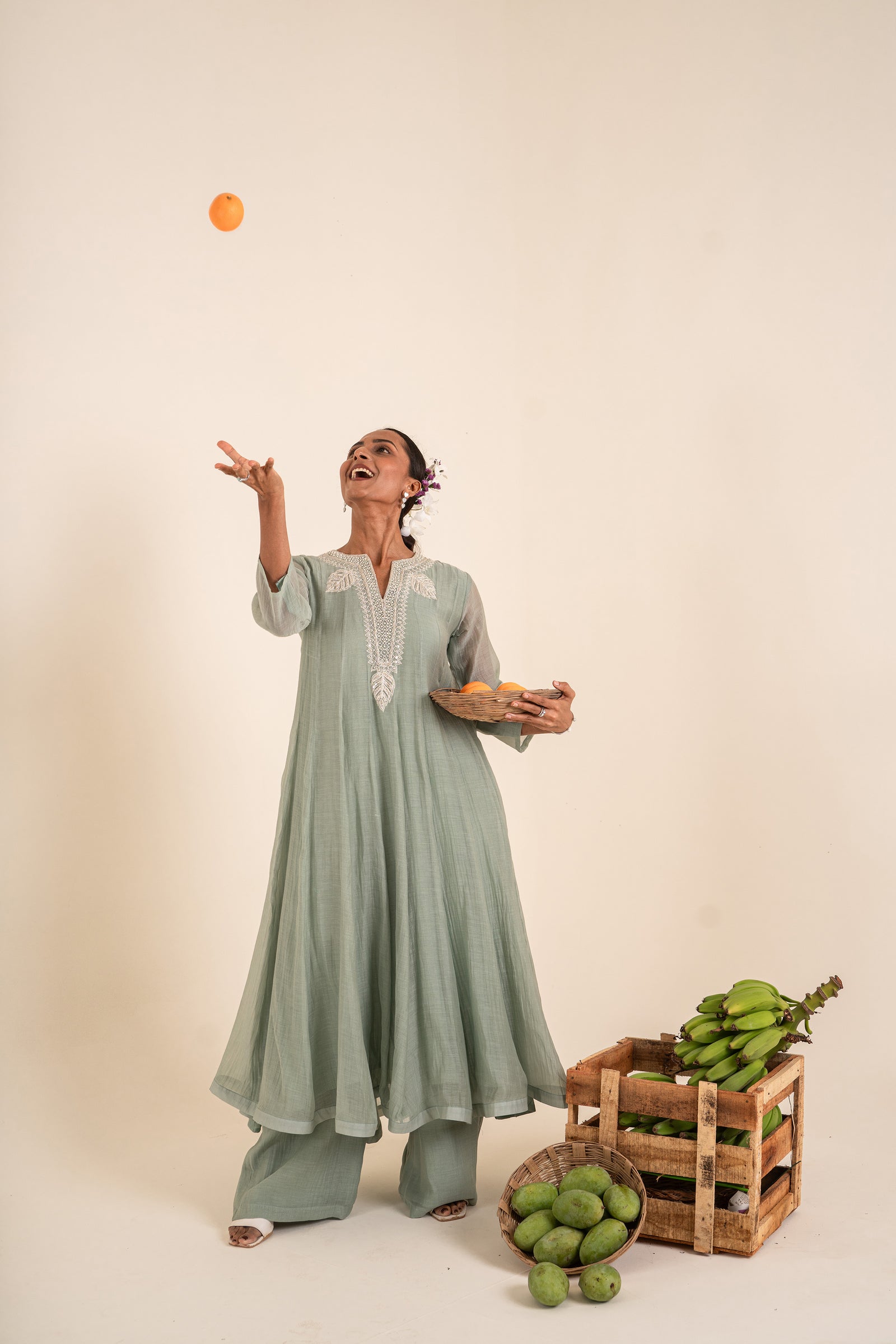An Ocean Blue Kurta Set With Hand-Embroidered Thread Work