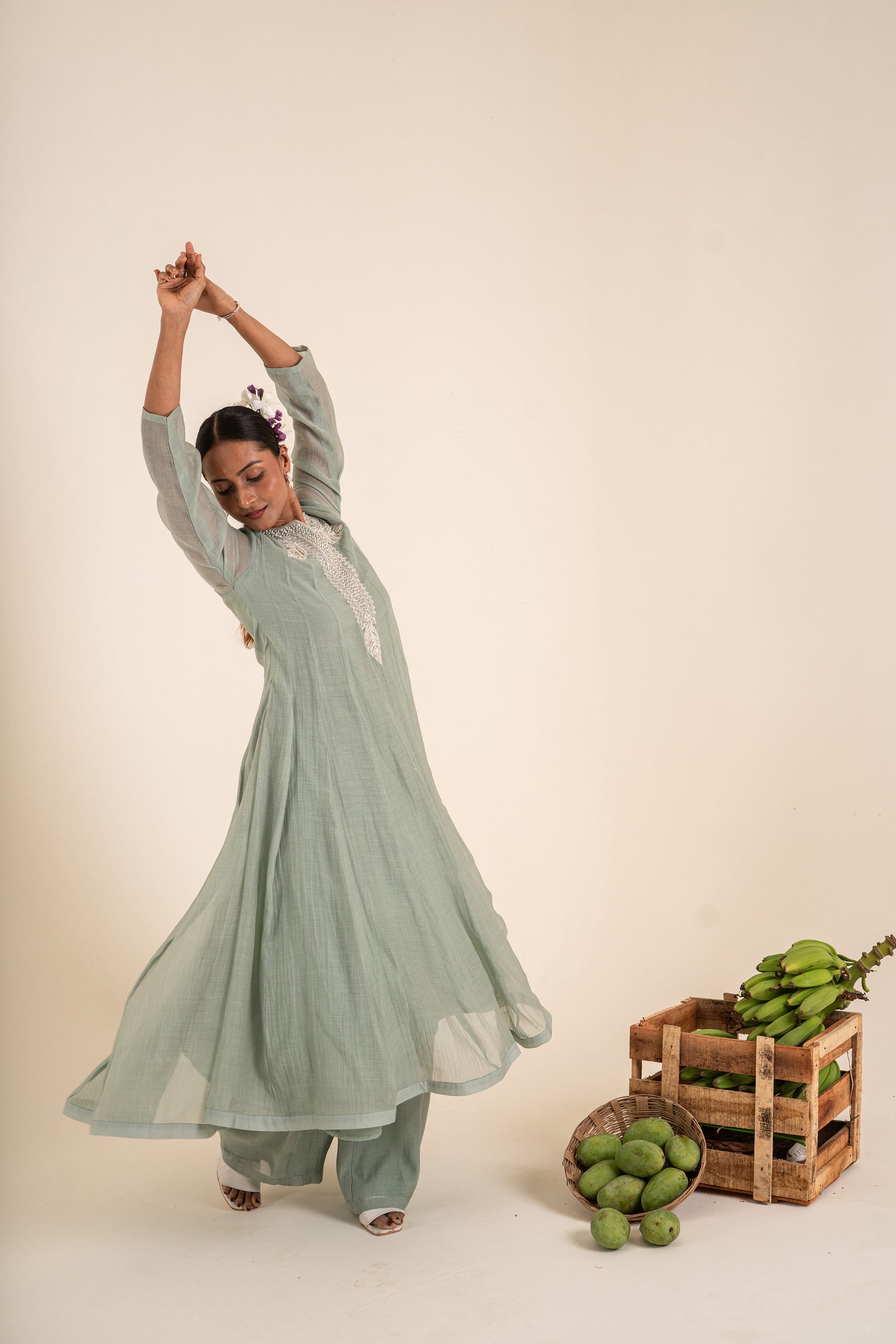 An Ocean Blue Kurta Set With Hand-Embroidered Thread Work