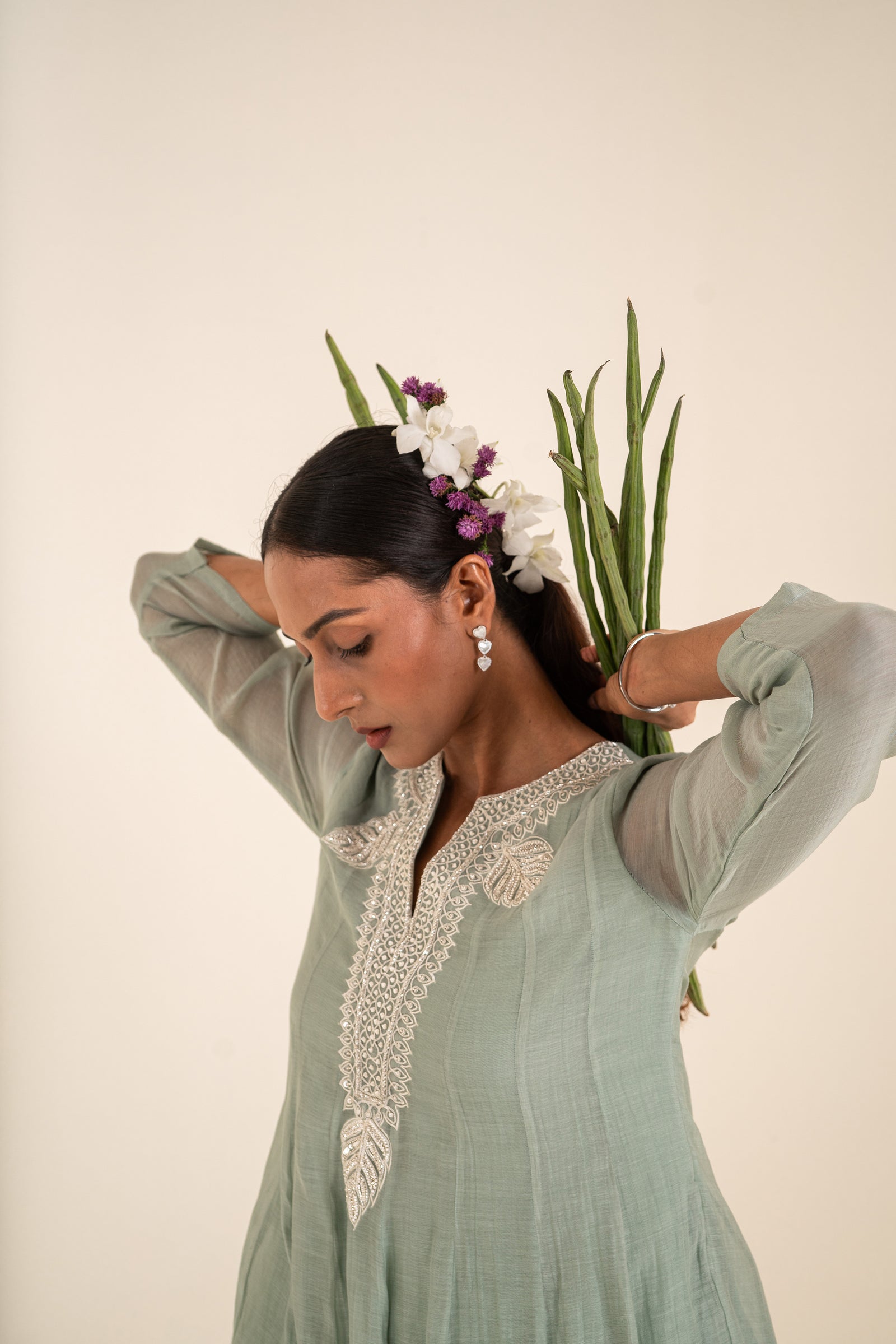 An Ocean Blue Kurta Set With Hand-Embroidered Thread Work
