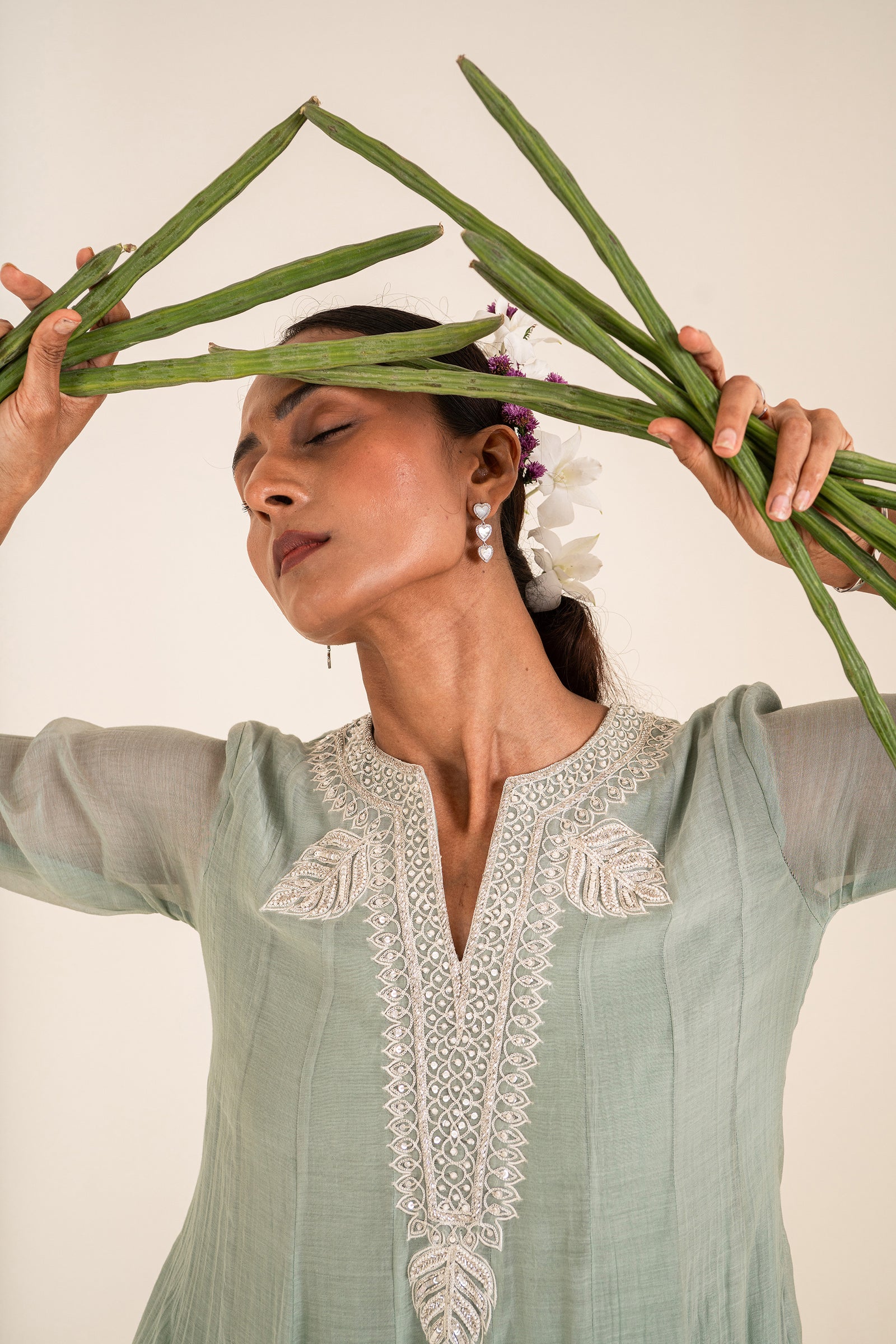 An Ocean Blue Kurta Set With Hand-Embroidered Thread Work