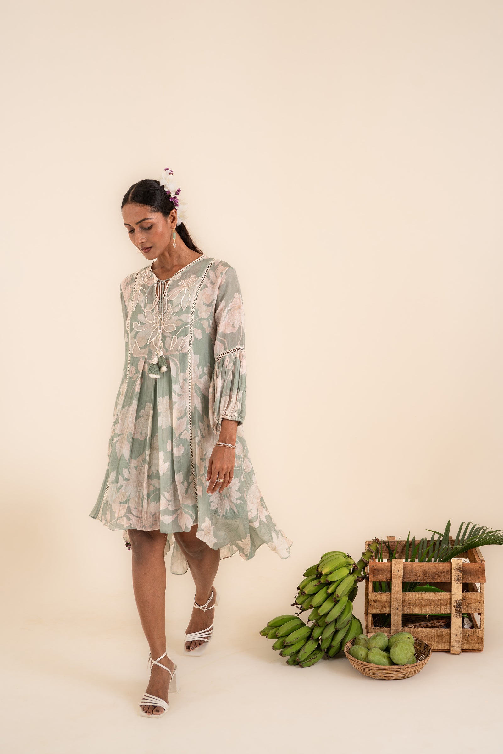 An Ocean Blue Floral Printed One Piece Embellished