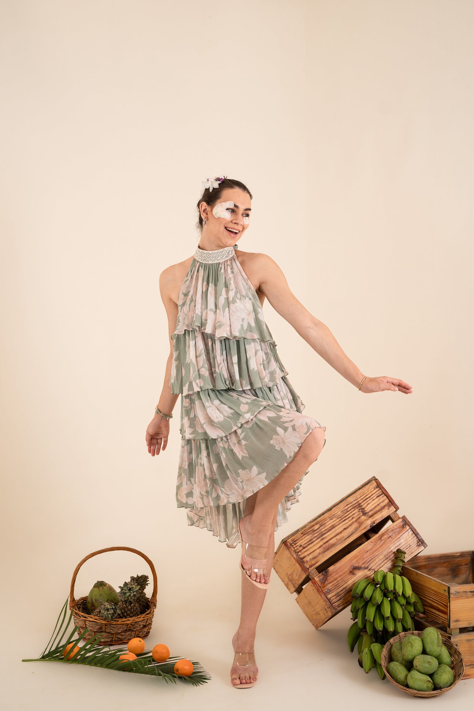 An Ocean Blue Floral Print Layered One Piece - AJILIYAA An Ocean Blue Floral Print Layered One Piece - AJILIYAA