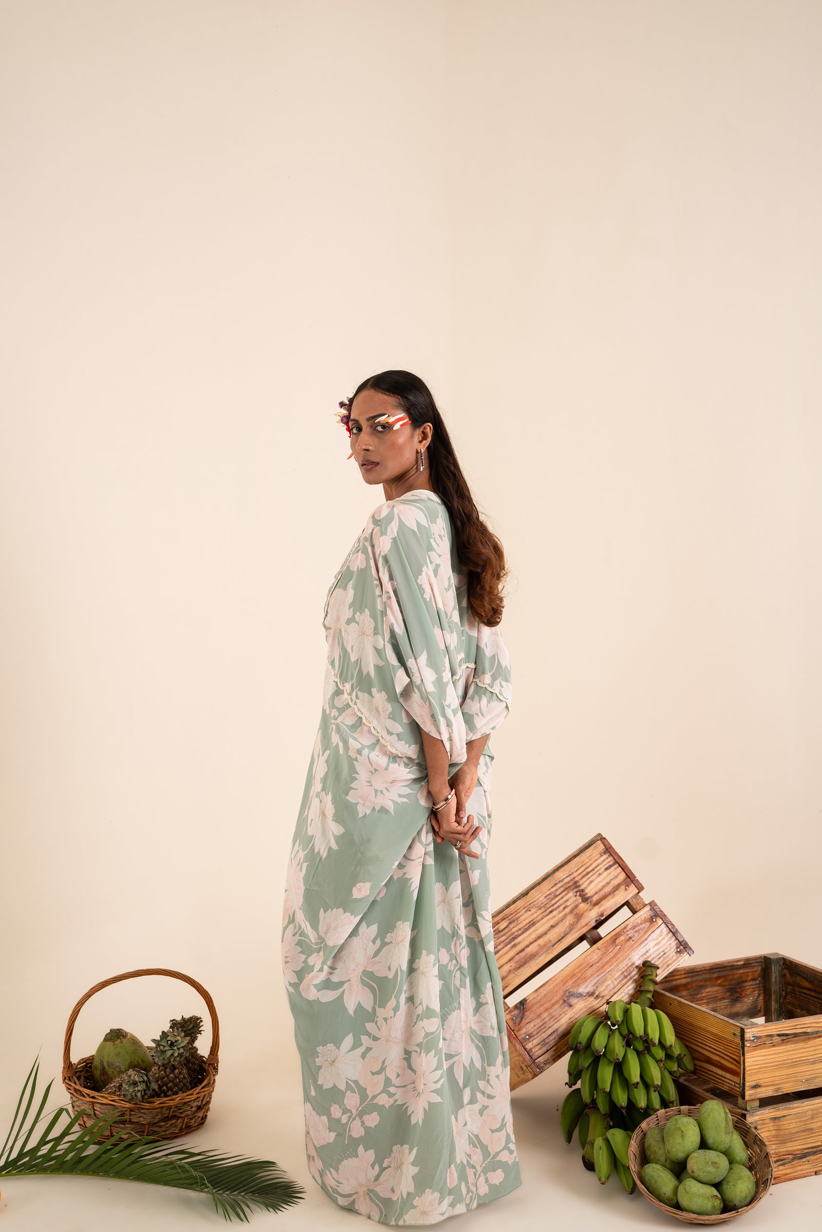 Ocean Blue Printed Cowl Kaftan Set