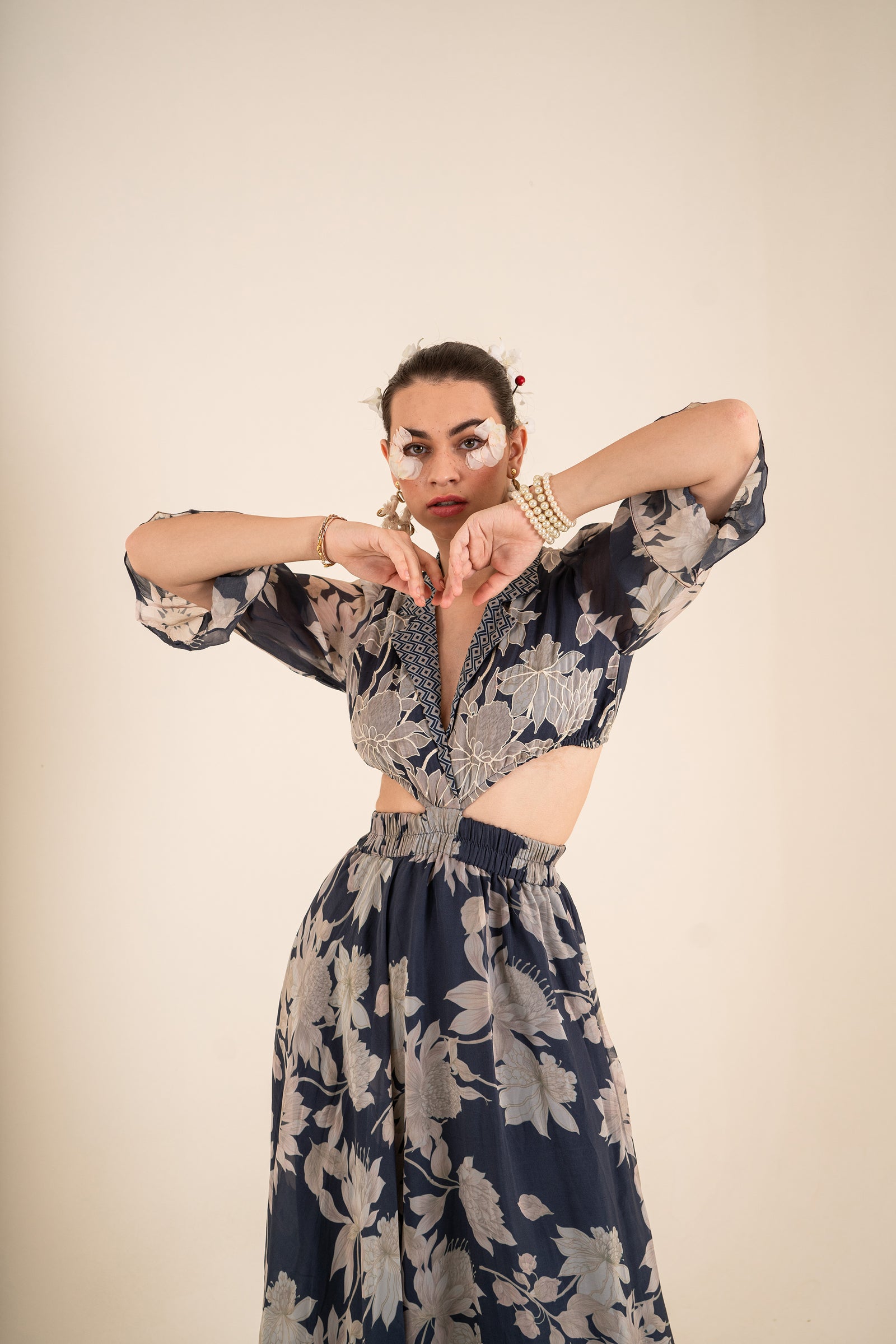A Floral Printed Indigo Blue Side Cut Long Dress