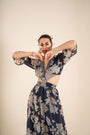 A Floral Printed Indigo Blue Side Cut Long Dress
