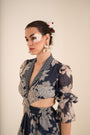 A Floral Printed Indigo Blue Side Cut Long Dress
