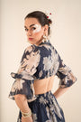 A Floral Printed Indigo Blue Side Cut Long Dress
