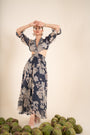 A Floral Printed Indigo Blue Side Cut Long Dress