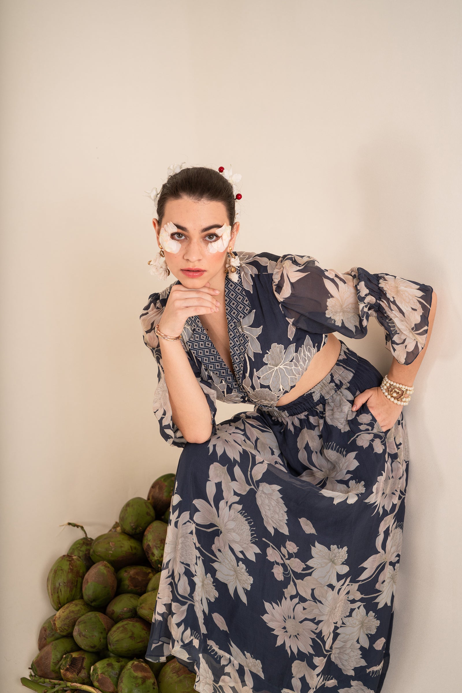 A Floral Printed Indigo Blue Side Cut Long Dress