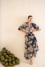 A Floral Printed Indigo Blue Side Cut Long Dress