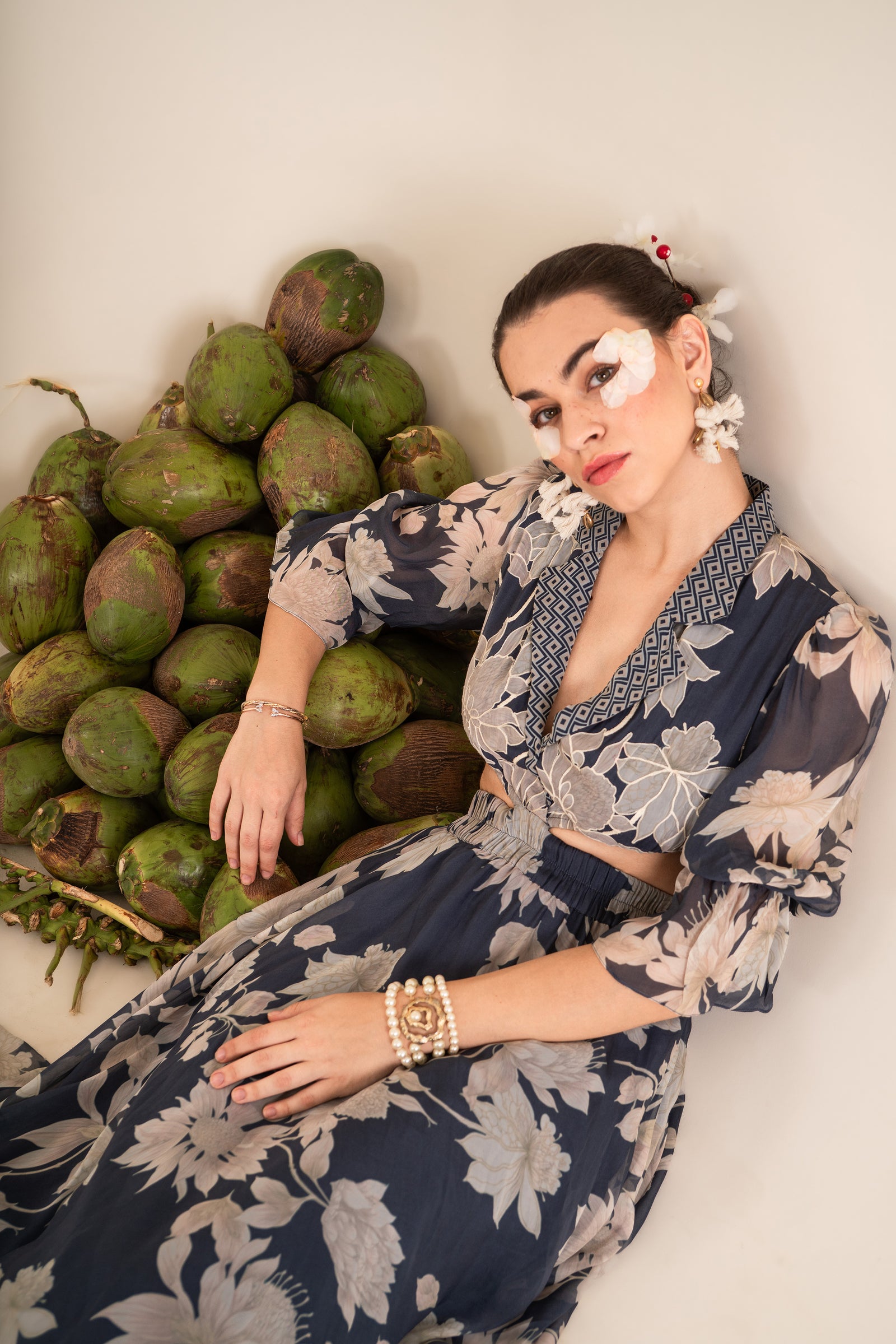 A Floral Printed Indigo Blue Side Cut Long Dress
