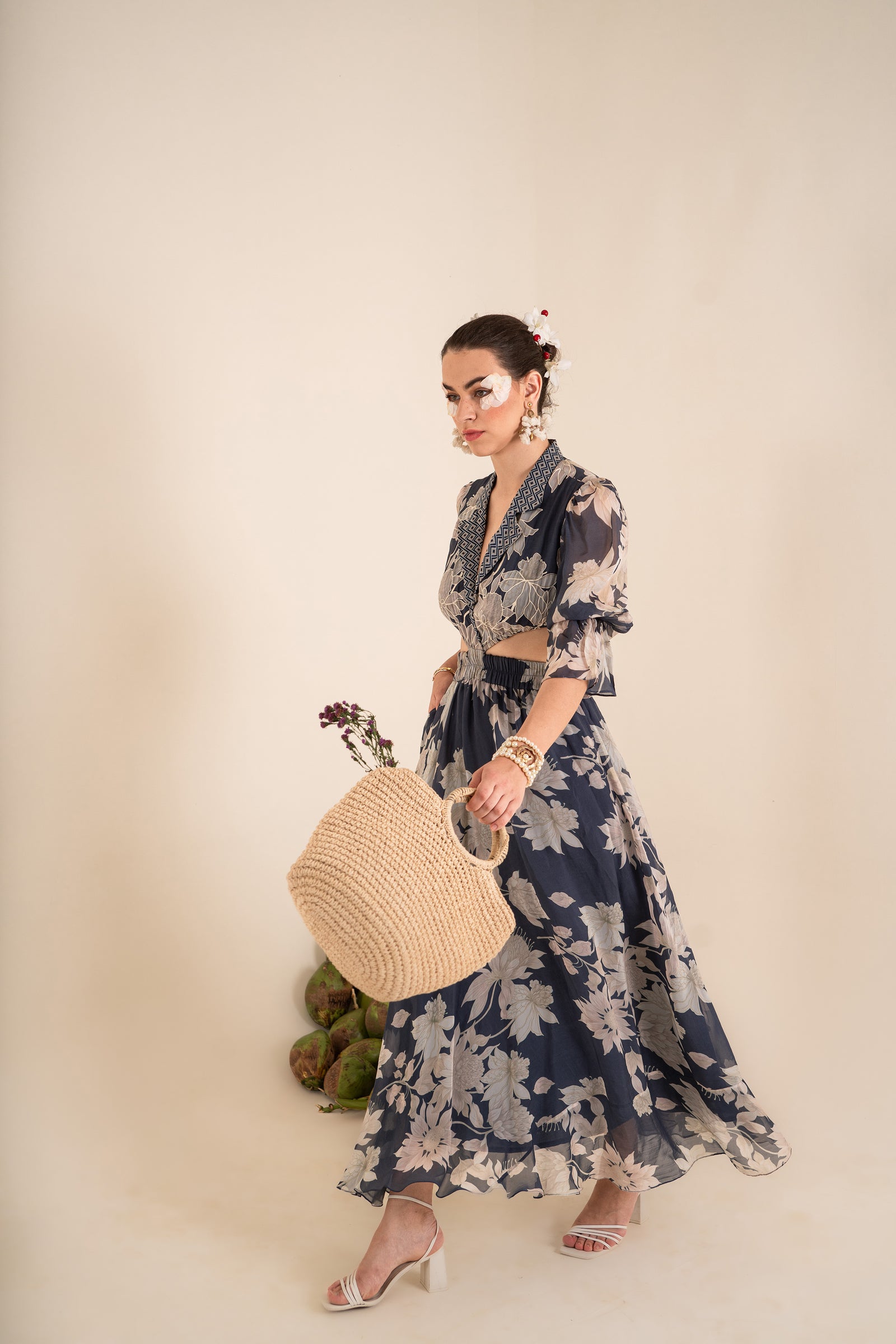 A Floral Printed Indigo Blue Side Cut Long Dress