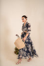 A Floral Printed Indigo Blue Side Cut Long Dress
