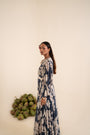 Indigo Blue Floral Printed Dress Crafted In Chinnon Chiffon