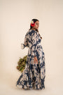 Indigo Blue Floral Printed Dress Crafted In Chinnon Chiffon