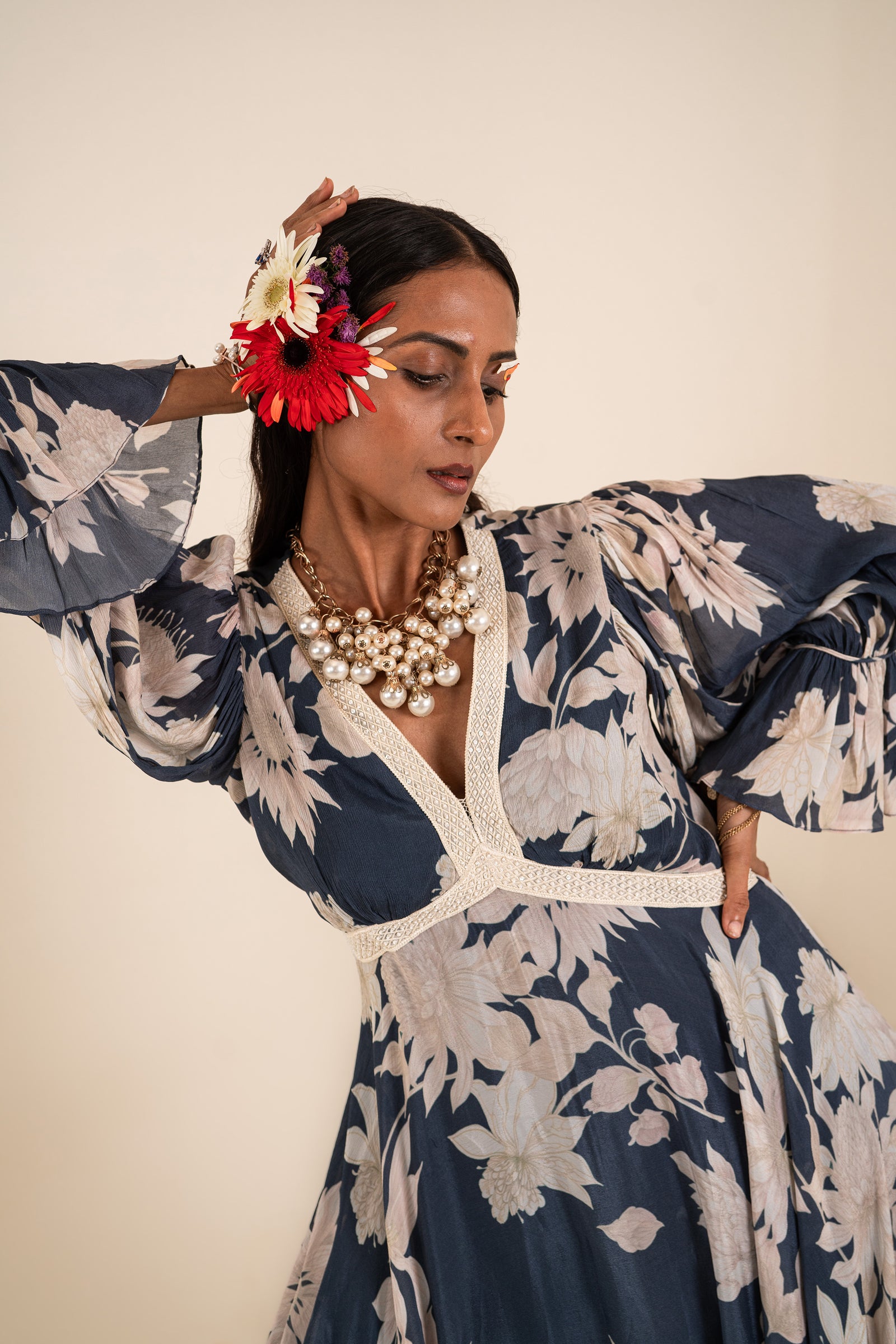 Indigo Blue Floral Printed Dress Crafted In Chinnon Chiffon