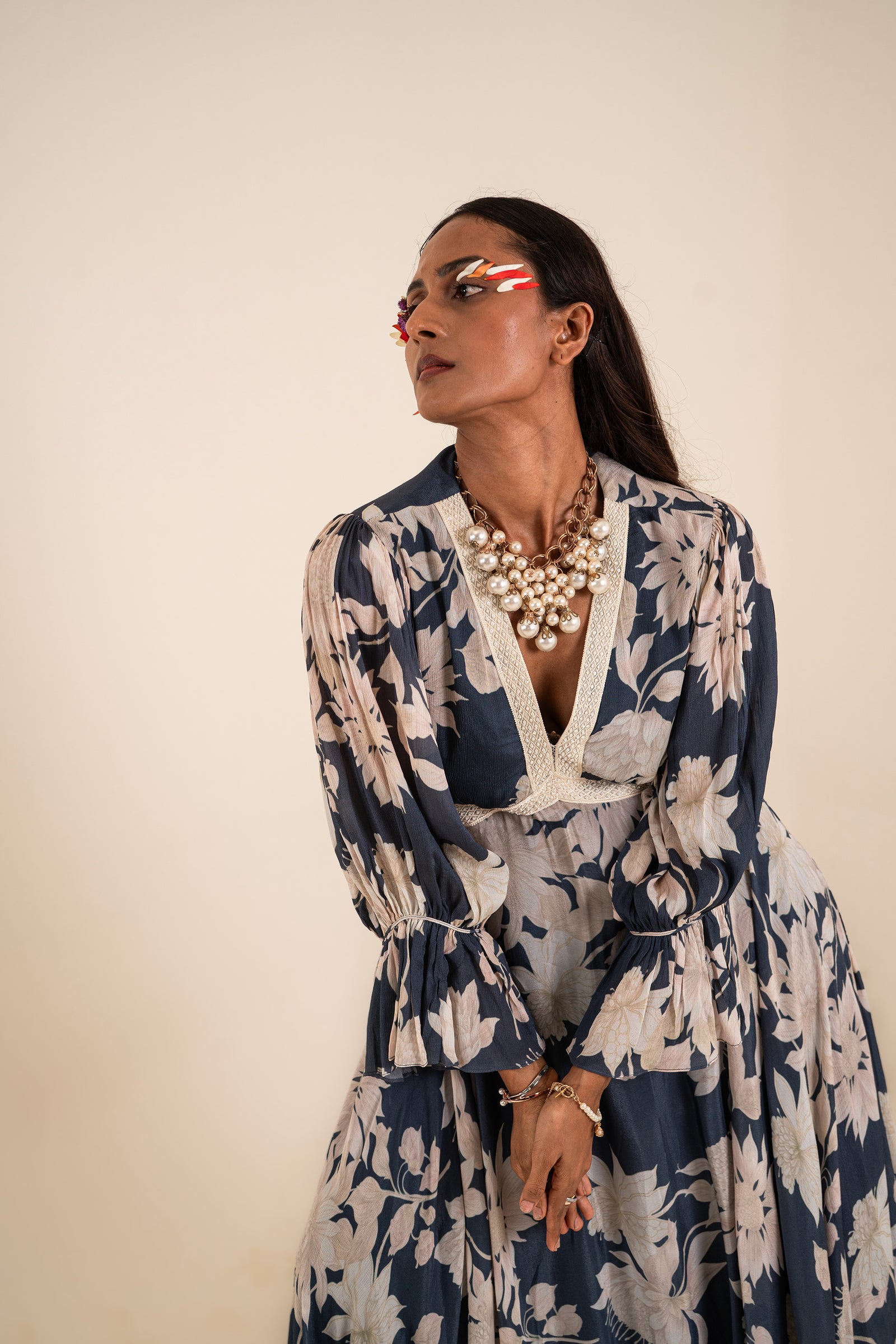 Indigo Blue Floral Printed Dress Crafted In Chinnon Chiffon
