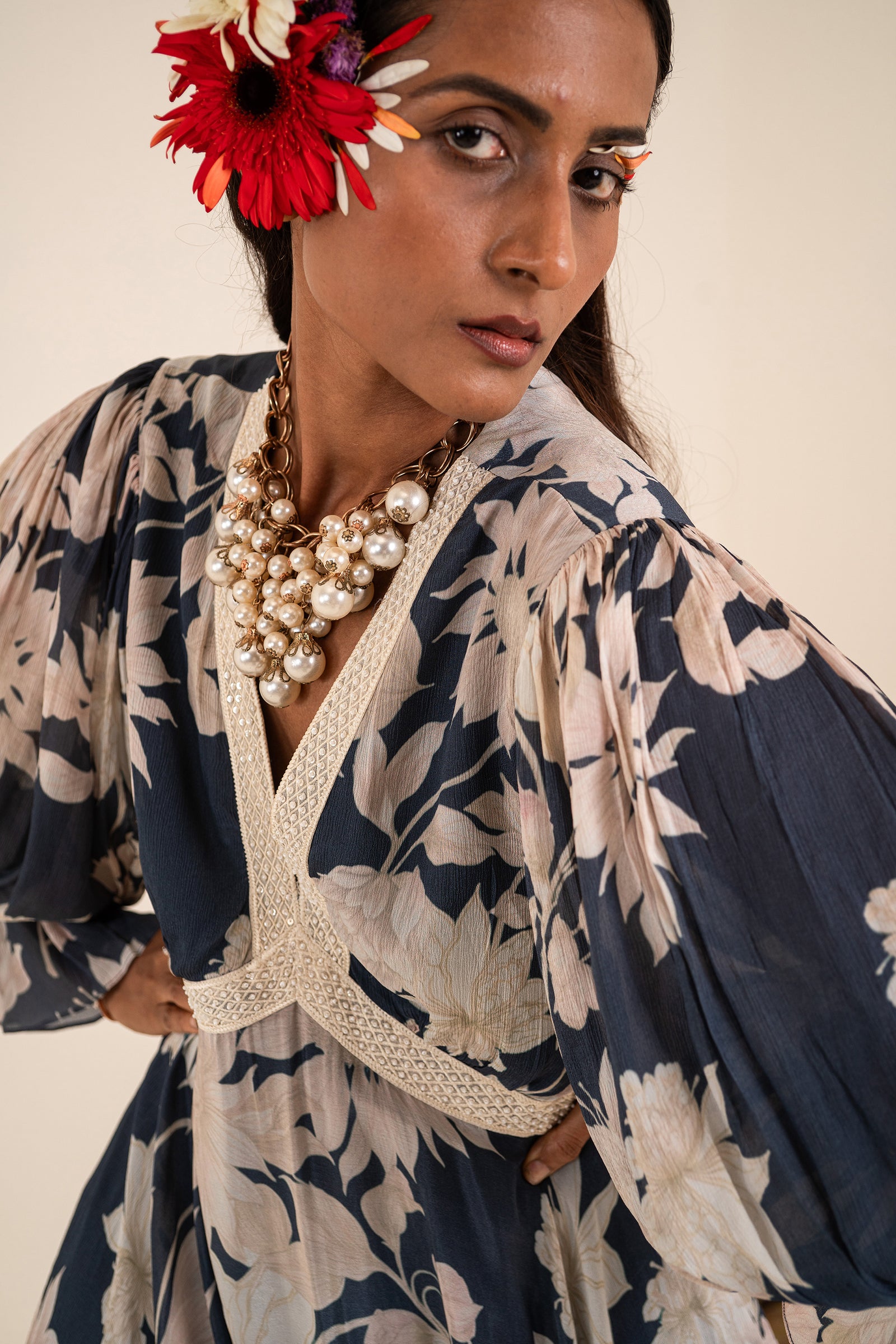 Indigo Blue Floral Printed Dress Crafted In Chinnon Chiffon