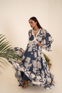 Indigo Blue Floral Printed Dress Crafted In Chinnon Chiffon