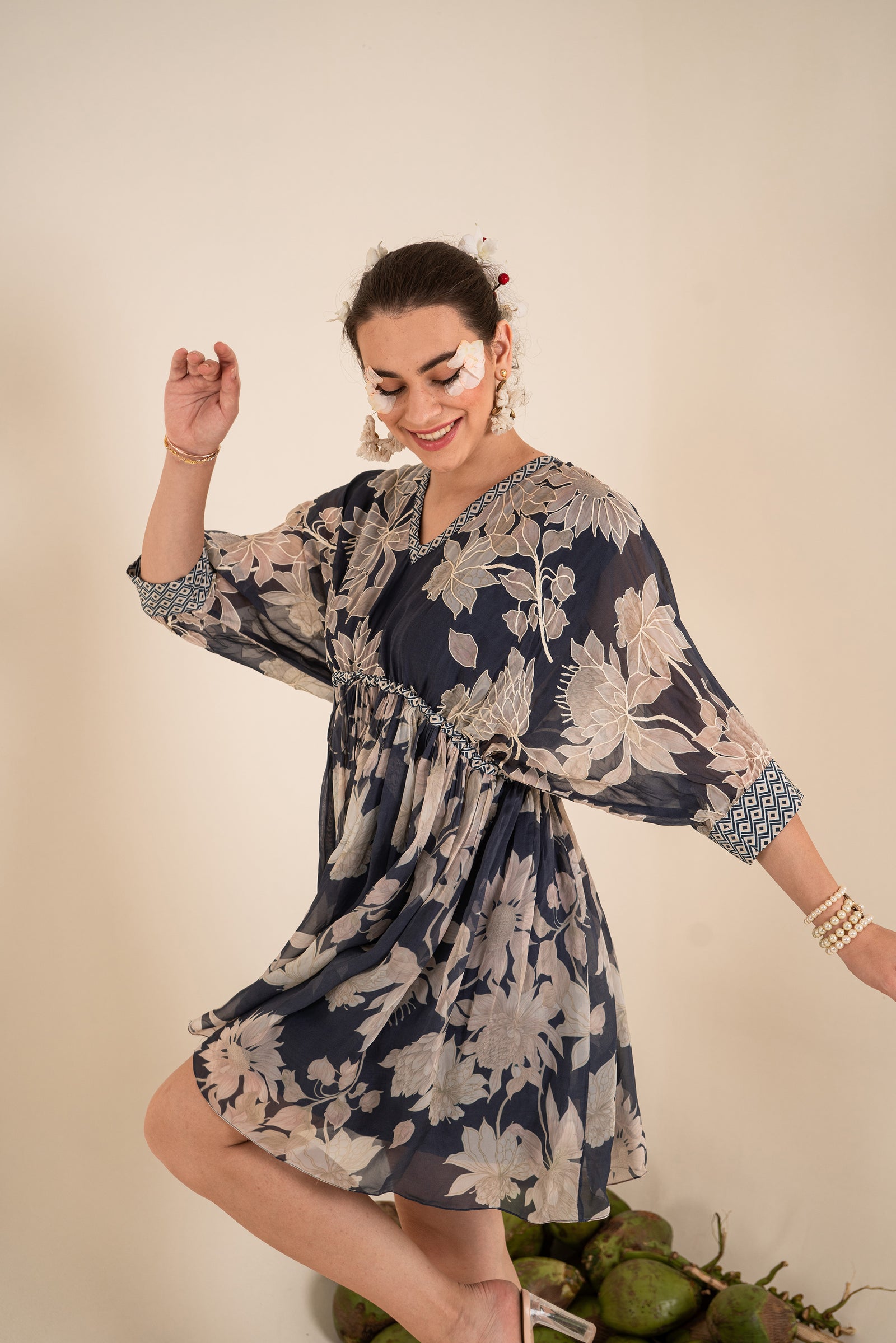 An Indigo Blue Floral Printed Tie-Up One Piece Dress With Tassels