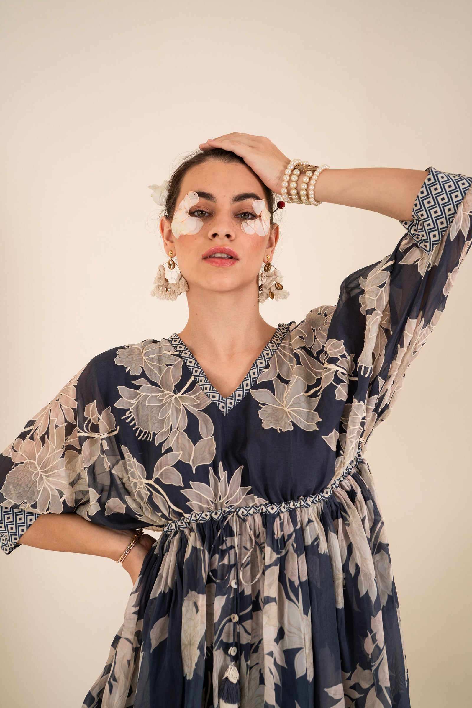 An Indigo Blue Floral Printed Tie-Up One Piece Dress With Tassels