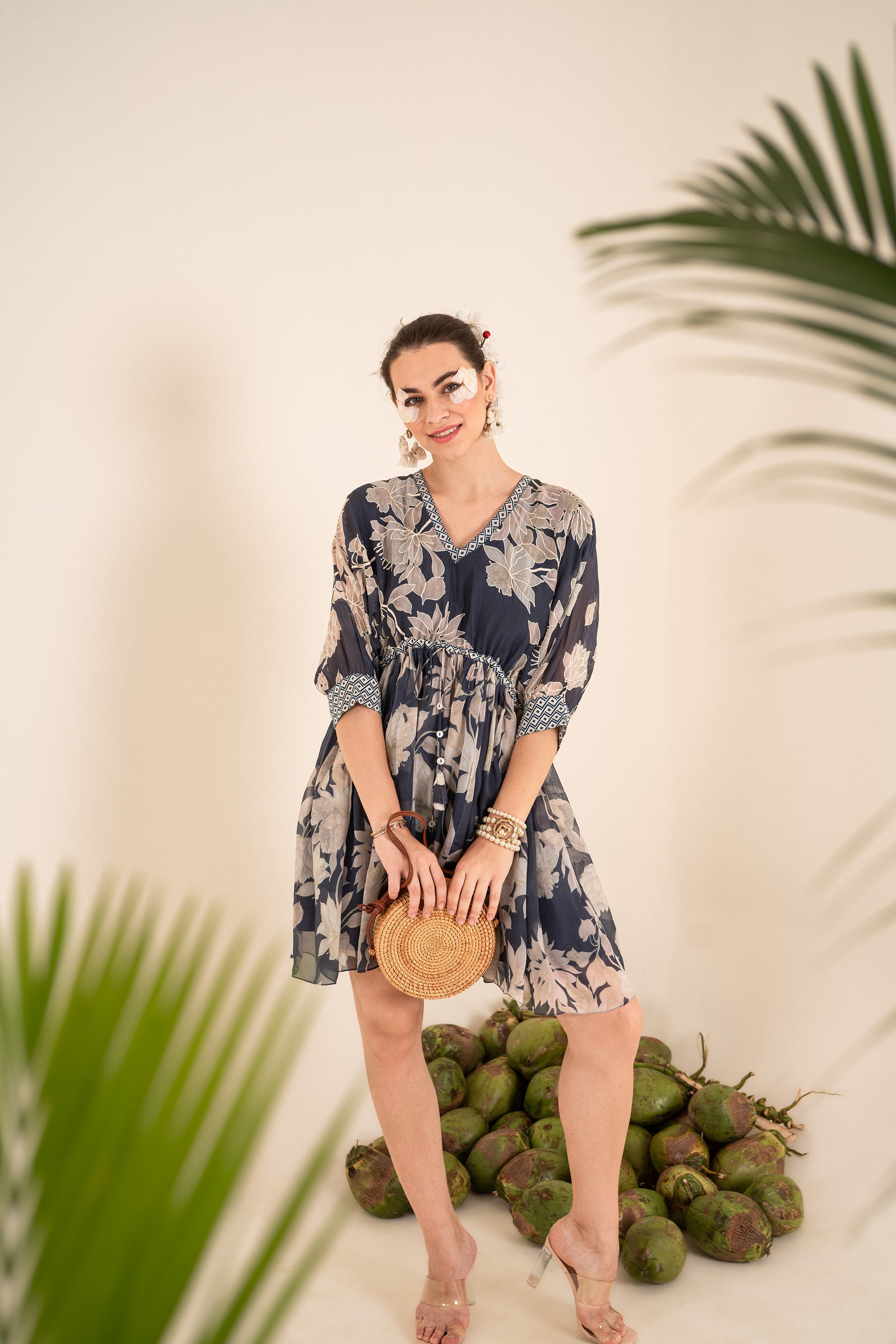 An Indigo Blue Floral Printed Tie-Up One Piece Dress With Tassels