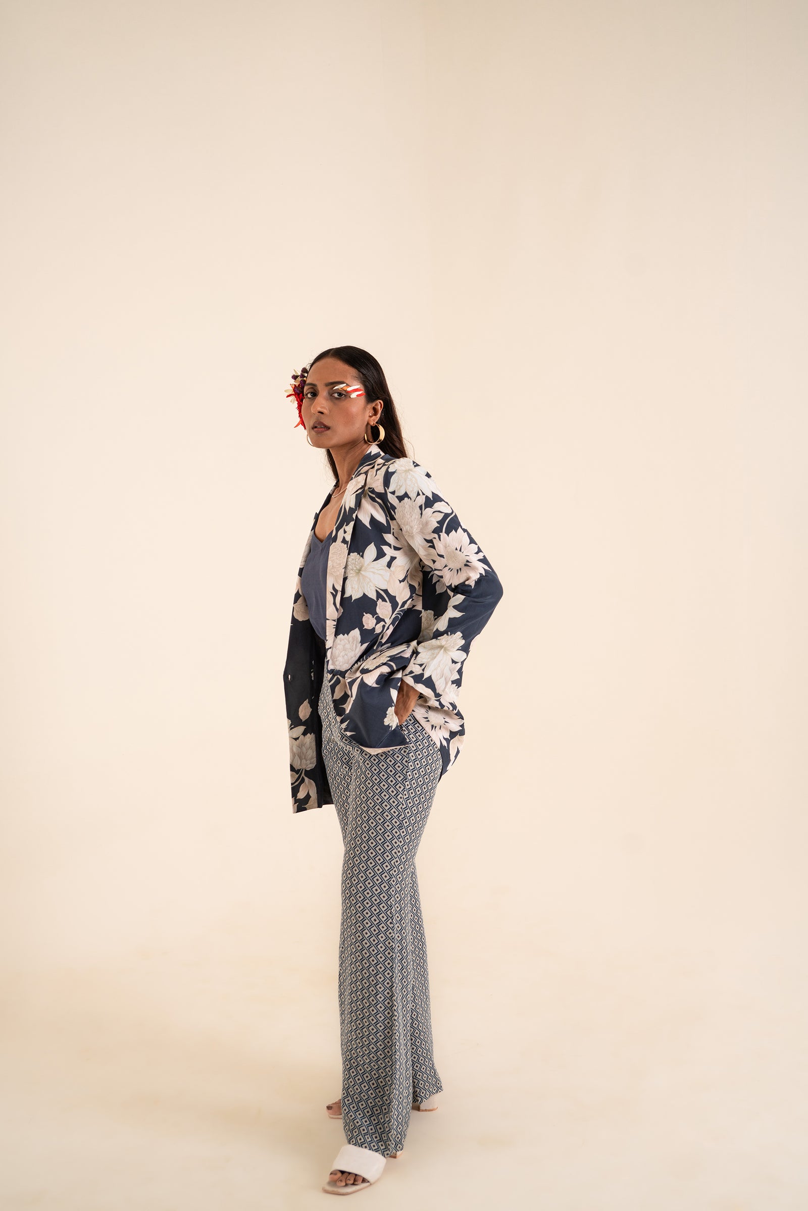 A Floral Printed Indigo Blue Jacket Set
