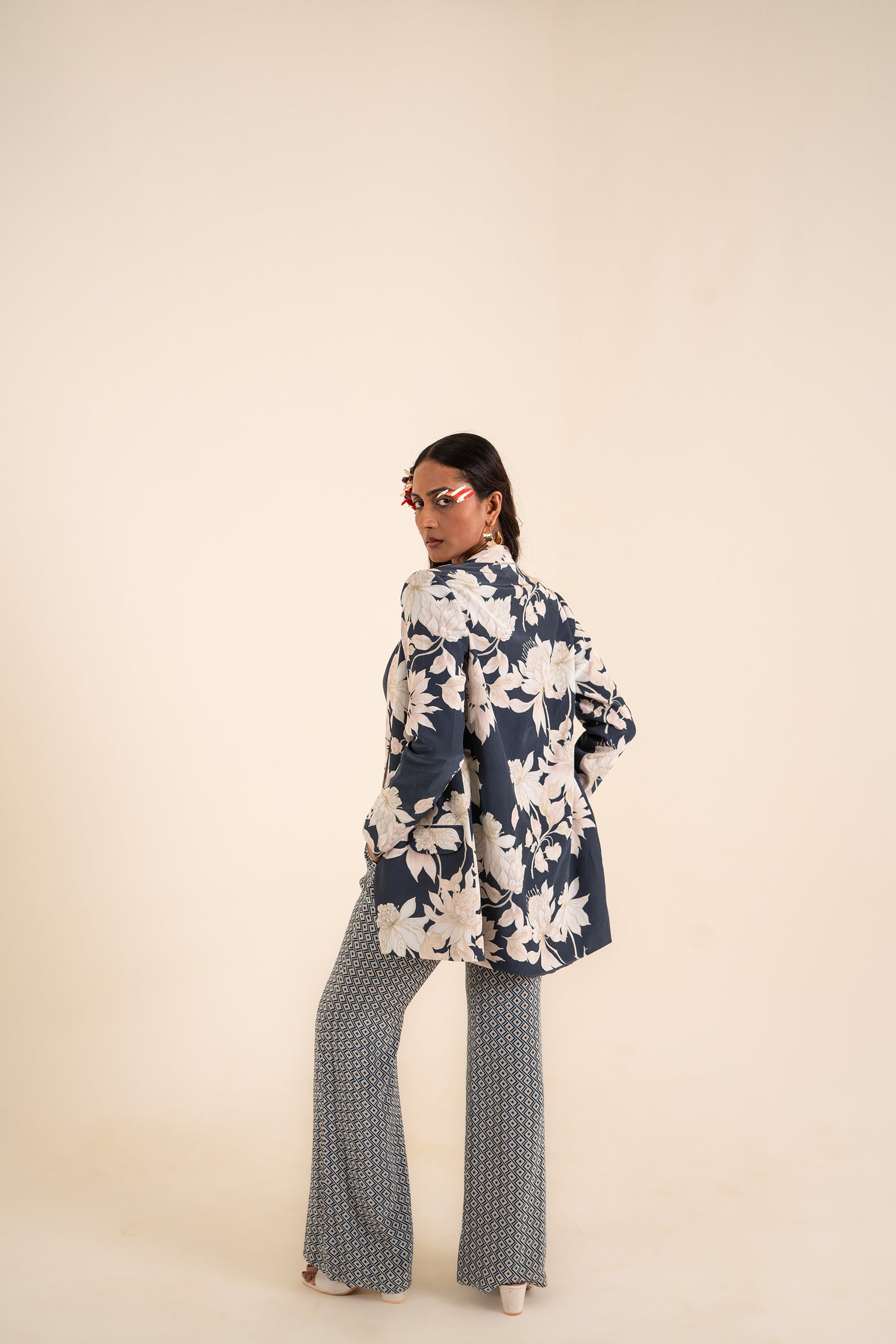 A Floral Printed Indigo Blue Jacket Set