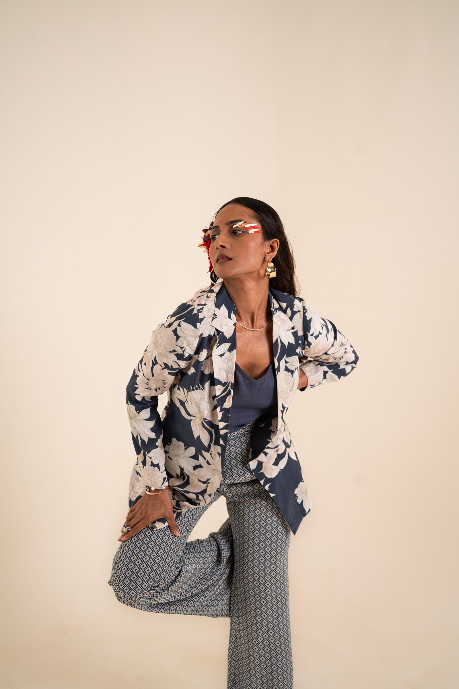 A Floral Printed Indigo Blue Jacket Set