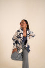 A Floral Printed Indigo Blue Jacket Set