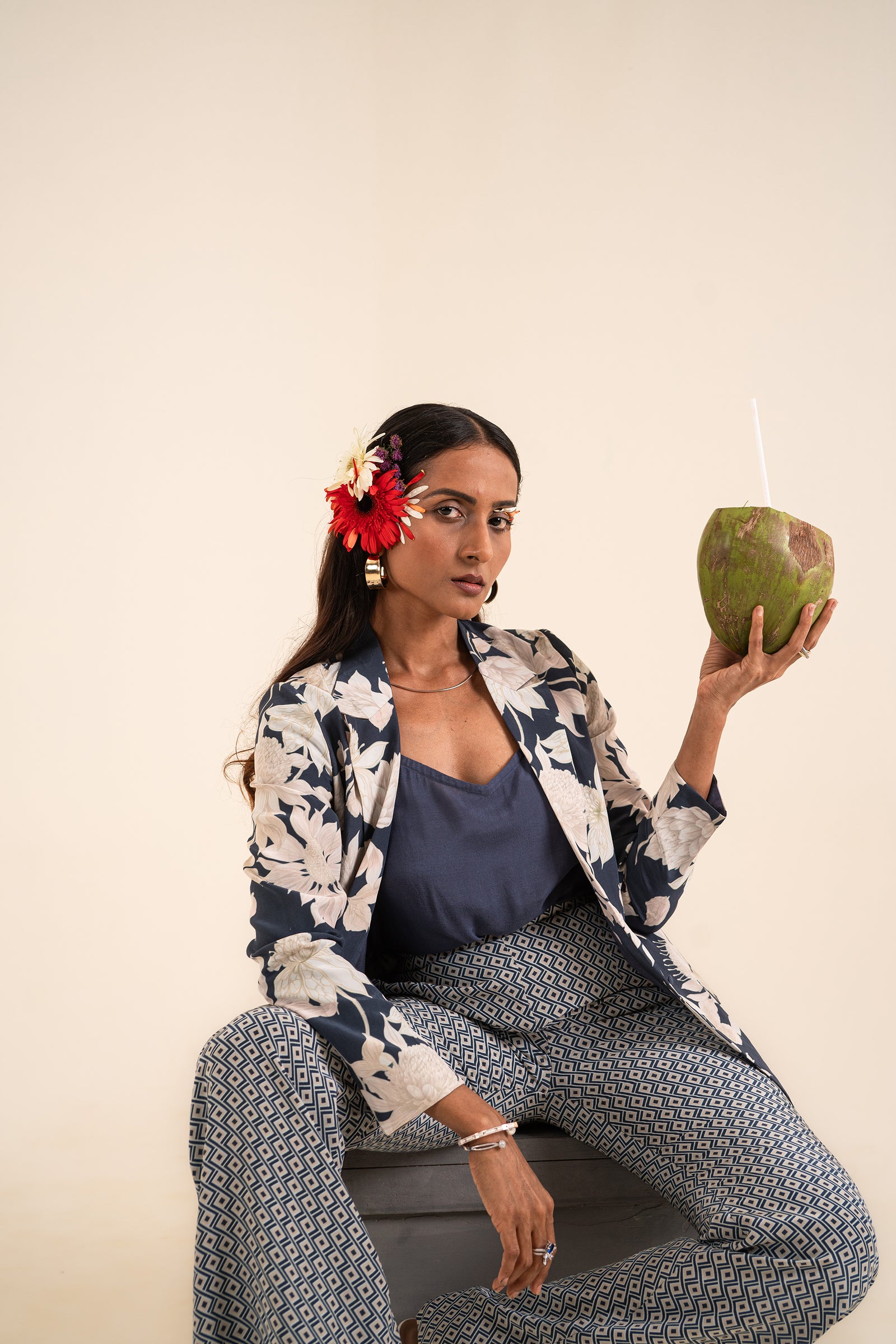 A Floral Printed Indigo Blue Jacket Set