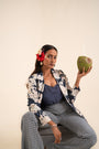 A Floral Printed Indigo Blue Jacket Set