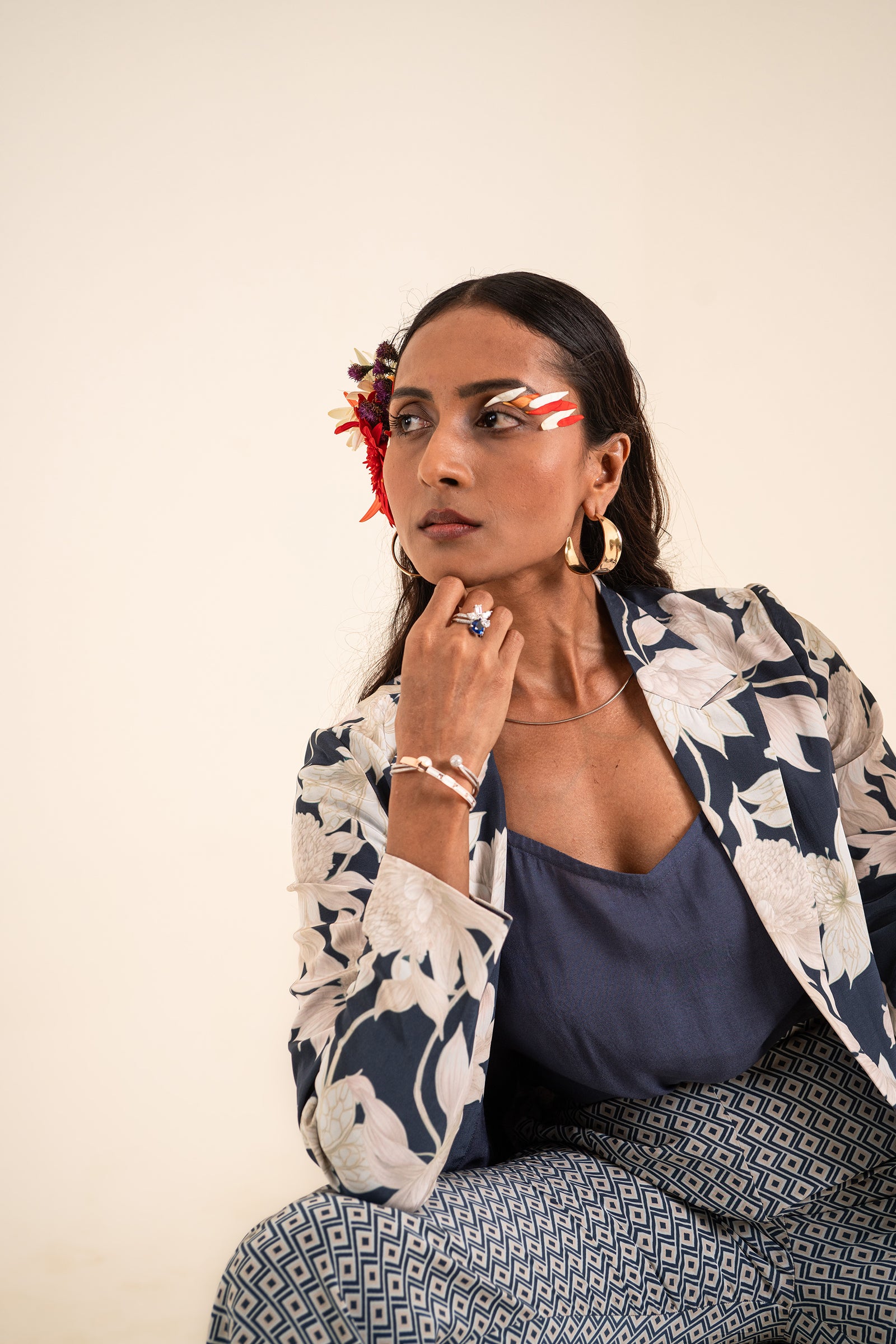 A Floral Printed Indigo Blue Jacket Set